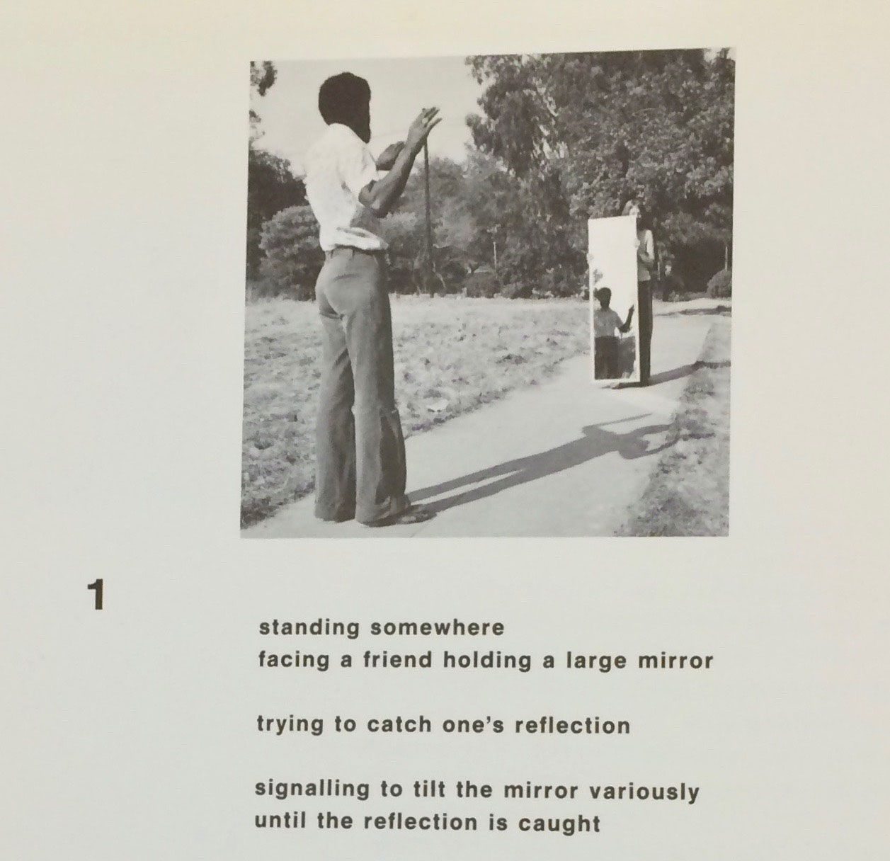 Allan Kaprow (American, 1926–2006).** Detail of page 3 ofRoutine, activity booklet, 1975. Photograph by Alvin Comiter. AllanKaprow Papers, ca. 1940–1997 (980063), box 24, folder 9, Los Angeles,Getty Research Institute. View the full activity booklet in the scoretab of this section.